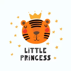 Sierkussen Hand drawn vector illustration of a cute funny tiger face in a crown, with lettering quote Little princess. Isolated objects. Scandinavian style flat design. Concept for children print. © Maria Skrigan