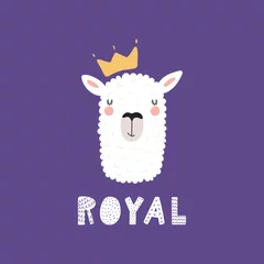 Zelfklevend Fotobehang Hand drawn vector illustration of a cute funny llama face in a crown, with lettering quote Royal. Isolated objects. Scandinavian style flat design. Concept for children print. © Maria Skrigan