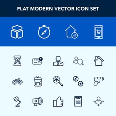 Modern, simple vector icon set with app, square, style, home, computer, bag, leather, price, people, clock, time, finance, telephone, sand, real, bike, search, mobile, currency, cycle, online icons