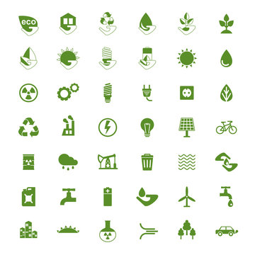 Set of eco icons. Problems of ecology and environment, renewable energy, eco friendly industry.