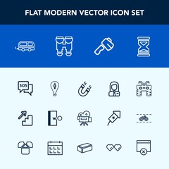 Modern, simple vector icon set with hour, emergency, exit, field, bus, business, extreme, construction, sos, help, transport, time, quad, danger, map, job, escape, employer, pin, pole, timer, up icons