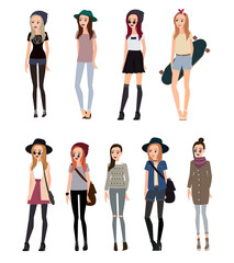 Fashion girl in different hipster images. In a cap with a longboard, there are braces and coffee in the hands of the distinctive features of a hipster