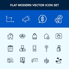 Modern, simple vector icon set with edible, blank, captain, navy, employer, home, cold, real, business, bag, employee, voice, picture, hat, circle, mushroom, loud, property, sound, mountain, job icons