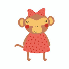 Hand drawn vector illustration of a cute funny monkey girl in a dress, with a ribbon. Isolated objects. Scandinavian style flat design. Concept for children print.