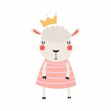 Hand drawn vector illustration of a cute funny sheep girl in a dress and crown. Isolated objects. Scandinavian style flat design. Concept for children print.