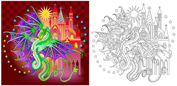Colorful and black and white pattern for coloring. Illustration of fantasy dragon in fairyland kingdom. Worksheet for children and adults. Vector image.