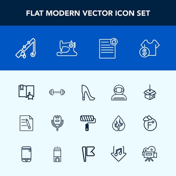 Modern, simple vector icon set with female, shoe, voice, shop, cost, spacesuit, science, rod, document, sale, sport, roll, fashion, fitness, exercise, astronaut, gym, brush, roller, book, office icons