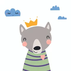 Sierkussen Hand drawn vector illustration of a cute funny wolf in a shirt and crown, with clouds. Isolated objects. Scandinavian style flat design. Concept for children print. © Maria Skrigan