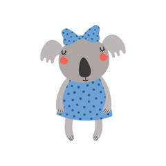 Hand drawn vector illustration of a cute funny koala girl in a dress, with a ribbon Isolated objects. Scandinavian style flat design. Concept for children print.