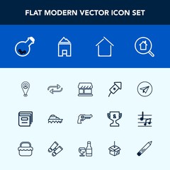 Modern, simple vector icon set with technology, handgun, online, holiday, celebration, real, white, weapon, home, internet, equipment, laboratory, gun, location, travel, medicine, shop, change icons