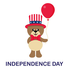 4 july cartoon cute bear in hat with balloon and text