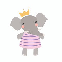Hand drawn vector illustration of a cute funny elephant girl in a dress and crown. Isolated objects. Scandinavian style flat design. Concept for children print.