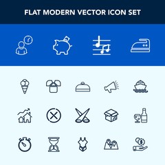 Modern, simple vector icon set with sea, increase, background, hour, loudspeaker, cream, trip, ocean, time, iron, fashion, voice, white, real, ice, tshirt, spotlight, shirt, work, ironing, ball icons