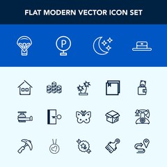 Modern, simple vector icon set with house, transport, escape, summer, storehouse, business, warehouse, distribution, palm, money, helicopter, jump, wing, extreme, web, air, insect, industrial icons