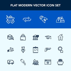 Modern, simple vector icon set with replace, report, statistic, architecture, hand, money, university, falling, trend, business, nature, bed, house, blossom, room, nuclear, building, buy, weapon icons