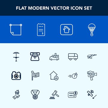 Modern, simple vector icon set with building, camera, extreme, table, bar, real, machine, telephone, military, nation, national, weapon, estate, road, message, communication, business, transport icons