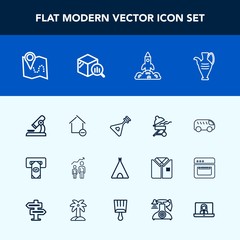 Modern, simple vector icon set with cooking, house, musical, string, map, research, camp, space, highway, meat, property, tent, folk, grill, instrument, machine, biology, growth, bus, road, atm icons