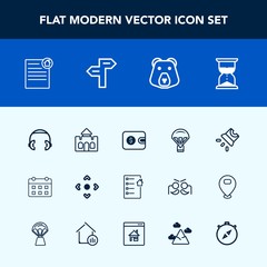 Modern, simple vector icon set with projection, screen, button, sky, equipment, time, castle, music, wild, jump, contract, wallet, timetable, web, building, architecture, parachute, finance, day icons
