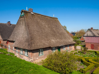 Fototapeta na wymiar croft with thatch roof in Haseldorf, Niederlbe, Schleswig Holstein, Germany, Europe