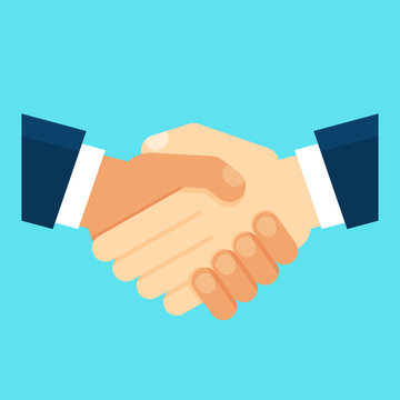 Handshake of business partners. Symbol of reaching an agreement, success and cooperation. Flat vector cartoon illustration. Objects isolated on a blue background.