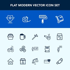 Modern, simple vector icon set with return, cup, win, navigation, ventilator, wand, retro, vehicle, airport, baggage, bag, coffee, pipe, tobacco, people, cool, meeting, electric, award, prize icons