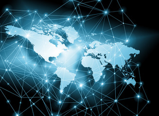 World map on a technological background, glowing lines symbols of the Internet, radio, television, mobile and satellite communications.