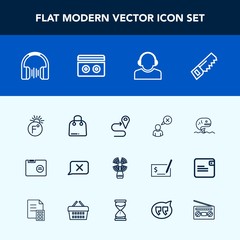 Modern, simple vector icon set with blank, fish, music, travel, retail, support, location, fahrenheit, business, scale, food, chat, paper, fashion, white, saw, temperature, closed, profile, web icons