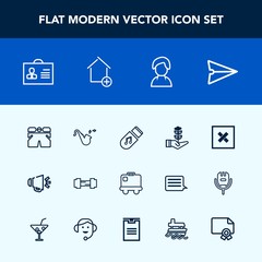 Modern, simple vector icon set with music, wear, storage, speaker, sound, shorts, loudspeaker, female, web, loud, internet, message, voice, house, property, life, musical, human, bugle, growth icons