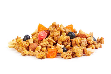 Granola with dried fruits isolated on white