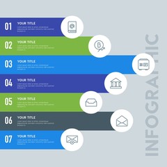 Obraz premium Flat business, money, email infographic steps template with 7 options for presentations, advertising, annual reports.