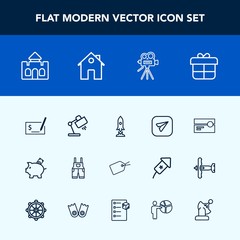 Modern, simple vector icon set with castle, box, wear, communication, lamp, money, technology, spaceship, craft, message, stereo, finance, tripod, clothing, tape, table, pen, interior, work, tag icons
