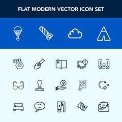 Modern, simple vector icon set with fashion, warning, monitor, internet, book, pump, equipment, dollar, sound, perfume, stationery, camp, play, shovel, open, money, envelope, sunglasses, bottle icons