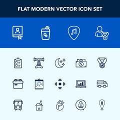 Modern, simple vector icon set with office, holiday, present, book, guitar, finance, online, win, money, mark, technology, picture, web, address, success, night, white, musical, business, list icons