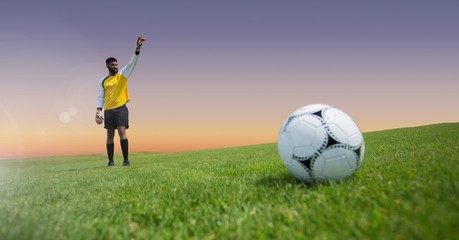 Obraz na płótnie Canvas Goalkeeper soccer player and football on grass