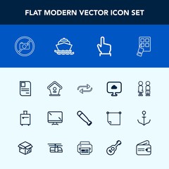 Modern, simple vector icon set with finger, technology, home, cloud, replacement, internet, baseball, happy, mobile, display, sign, hand, luggage, trip, identity, wood, screen, equipment, travel icons