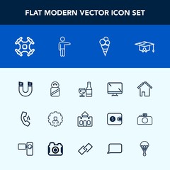 Modern, simple vector icon set with people, salt, monitor, food, drone, school, tower, control, showing, college, dessert, pointing, drink, glass, wine, field, education, cell, alcohol, house icons