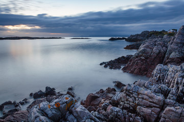Scenic west coast shore of Scottish Highlands at dusk