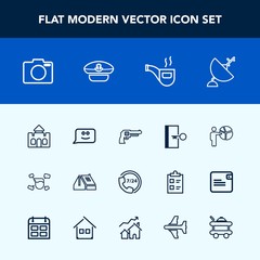 Modern, simple vector icon set with weapon, architecture, presentation, smile, man, door, tobacco, house, support, meeting, satellite, help, medieval, building, pipe, communication, exit, face icons