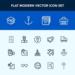 Modern, simple vector icon set with sign, monitor, desktop, package, unpacking, web, sale, camera, roller, yacht, new, money, education, pin, library, beautiful, shop, white, box, map, equipment icons