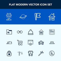 Modern, simple vector icon set with nature, kitchen, fitness, food, head, planet, market, palm, house, supermarket, building, file, trolley, home, exercise, cooking, national, blank, sport, flag icons