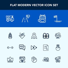 Modern, simple vector icon set with metal, vintage, help, photo, workout, emergency, truck, gym, beach, safety, photographer, camera, player, pin, music, backpack, tripod, sport, vehicle, blue icons
