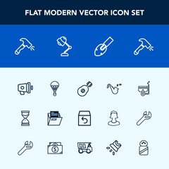 Modern, simple vector icon set with water, construction, equipment, hour, extreme, folder, loud, return, jump, sand, shovel, shipping, parachute, snorkel, electricity, megaphone, sky, office icons