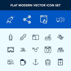 Modern, simple vector icon set with shorts, blade, landscape, tree, bugle, location, summer, car, technology, swimming, map, website, environment, communication, pool, star, book, water, sky icons