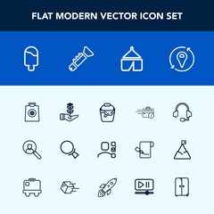 Modern, simple vector icon set with call, sign, sweet, nature, camp, sitting, life, business, account, office, task, computer, food, fashion, tent, dessert, online, headset, find, microphone icons