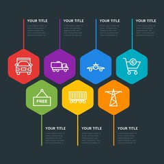 Flat geometric transports, industry, shopping infographic steps template with 7 options for presentations, advertising, annual reports