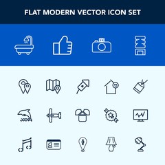 Modern, simple vector icon set with animal, paper, camera, cooler, search, aircraft, pin, find, road, celebration, ocean, dolphin, container, background, business, festival, photography, holiday icons
