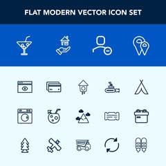 Modern, simple vector icon set with card, home, boat, banking, wooden, blue, tent, machine, undersea, pin, money, map, glass, delete, juice, nature, sky, laundry, equipment, location, camp, web icons