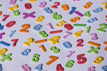 Fototapeta na wymiar Números de colores y signos matemáticos.