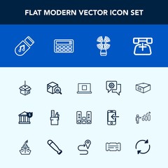 Modern, simple vector icon set with reload, arrow, calculator, profile, upload, web, ticket, banking, sea, mobile, travel, call, business, play, refresh, seamark, storage, stationery, finance icons