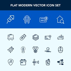 Modern, simple vector icon set with lorry, data, estate, projection, award, finance, concept, sack, online, background, creative, card, transportation, bag, reward, sound, idea, storage, prize icons